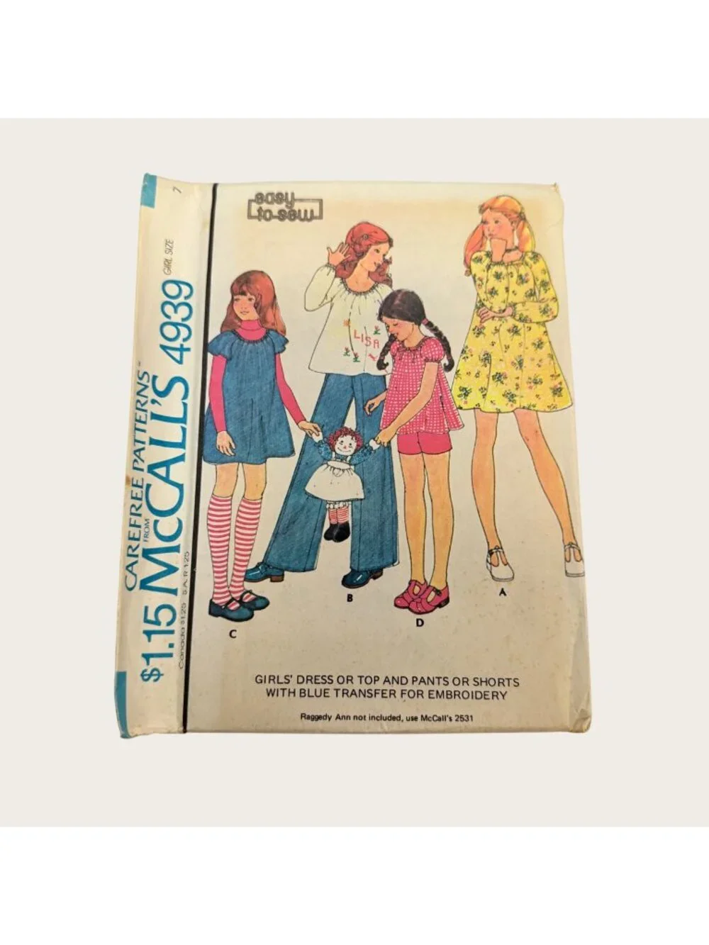 Vintage 1970s McCalls Sewing Pattern 4939 Girls Dress Top Pants Shorts Size 7